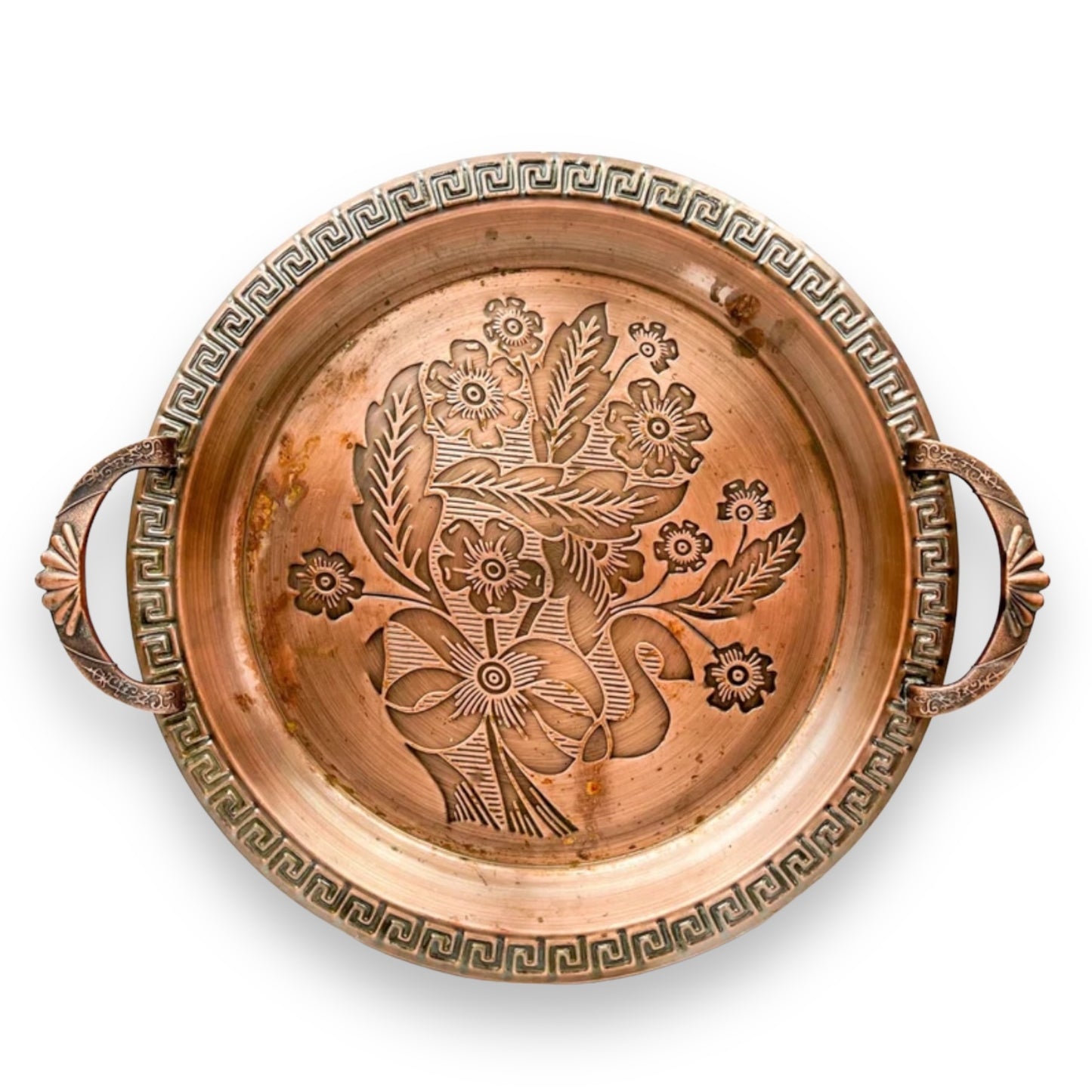 Copper colour metal round drink serving tray with flower artwork design