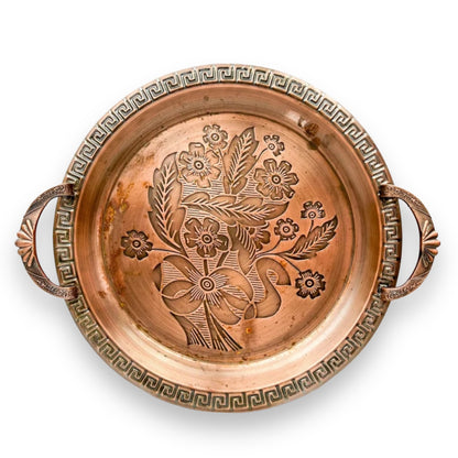 Copper colour metal round drink serving tray with flower artwork design