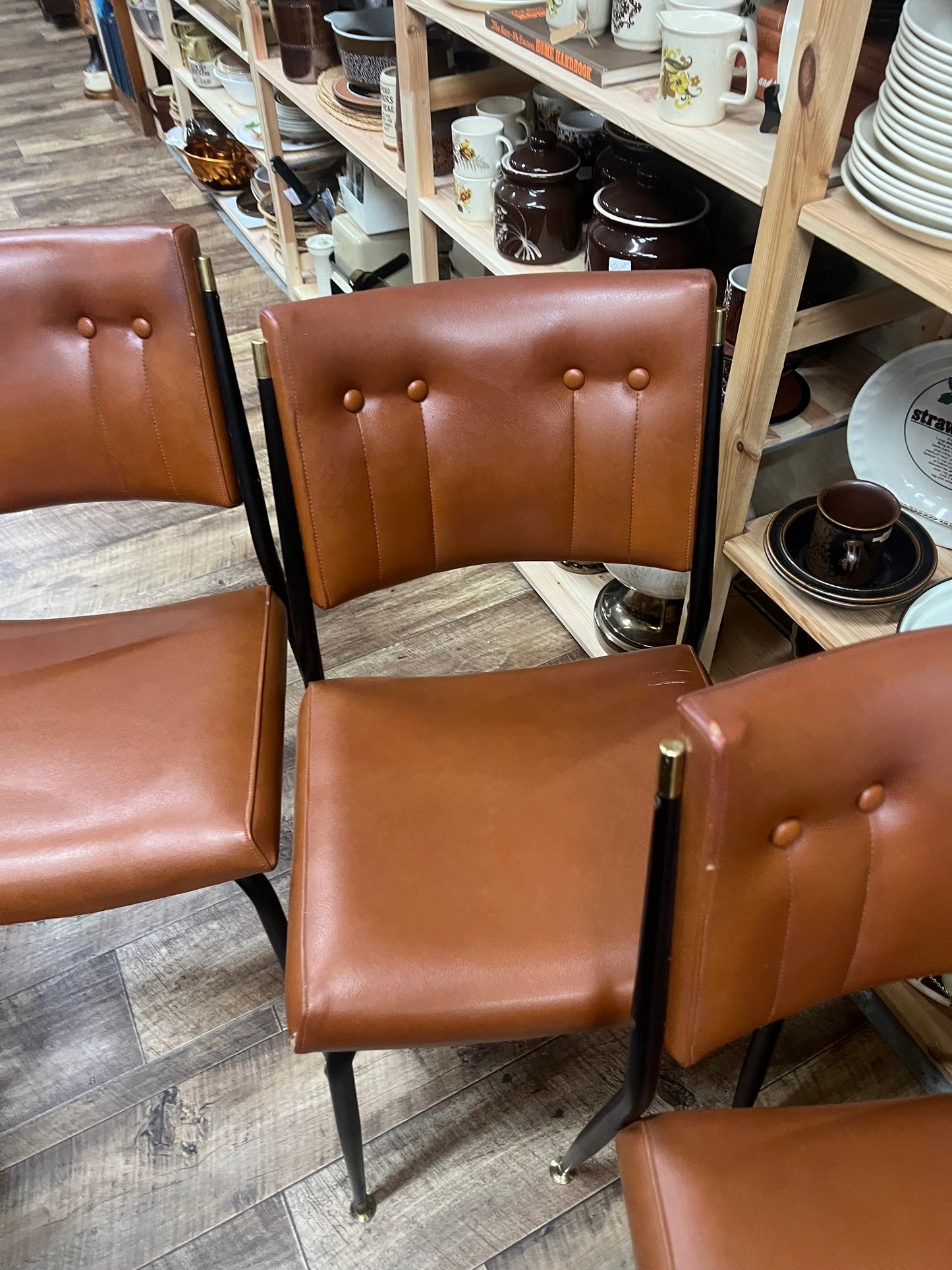 Set of 4 Mid Century Brown Vinyl Dining Chairs with Black Metal Frames