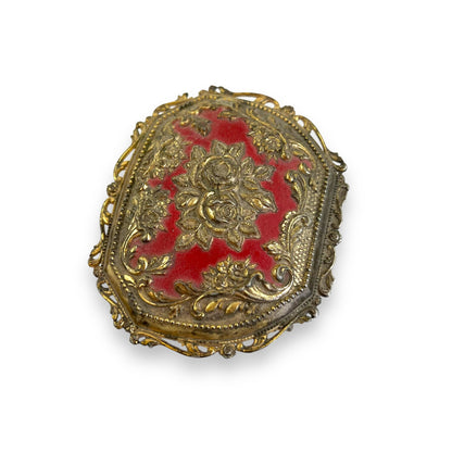 Ornate Jewelry Box – Made in Japan – Gold Tone Metal with Red Velvet Lining