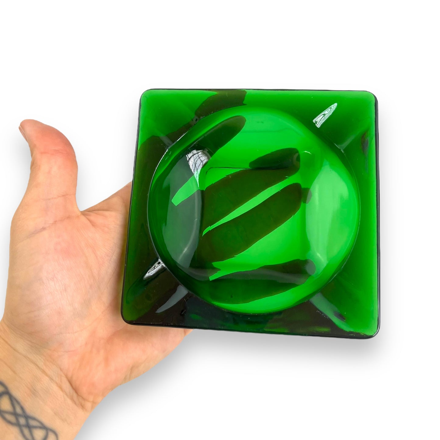 Green glass square ashtray