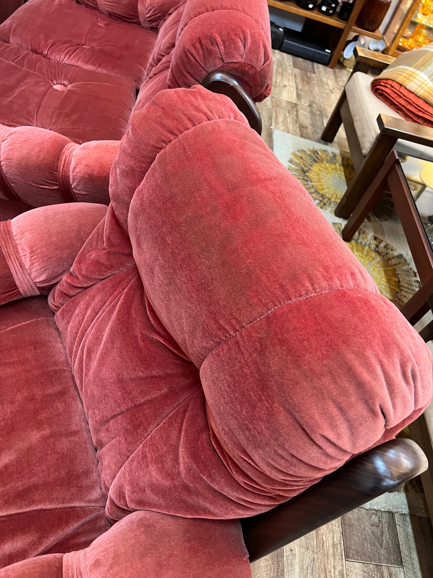 Pink Velvet Lounge Chair with Timber Frame