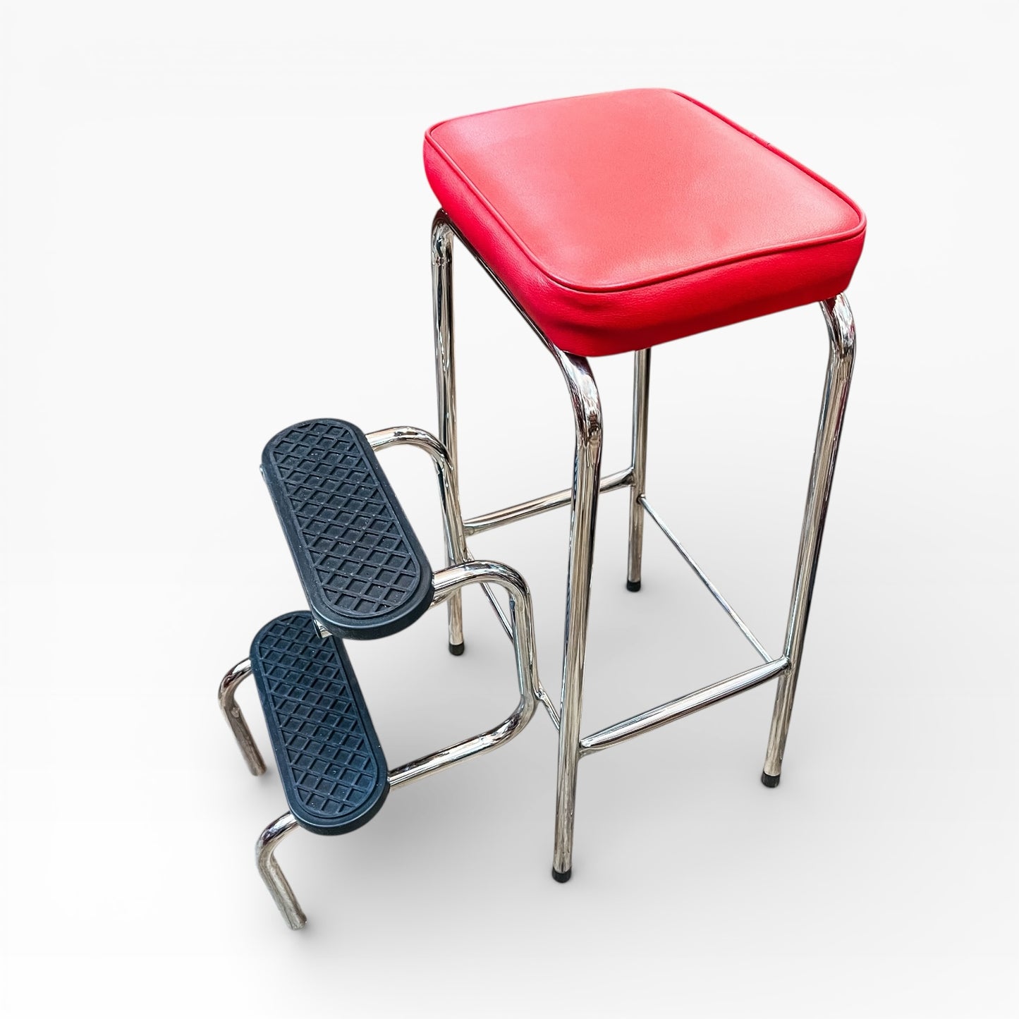 Chrome Kitchen Step Stool with Red Vinyl Seat