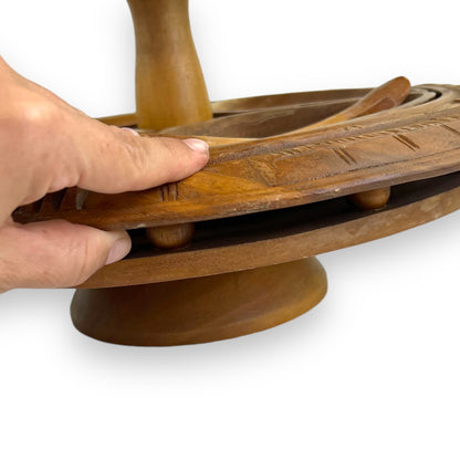 Wooden Tiki Monkey Pod Two Tier Lazy Susan Server