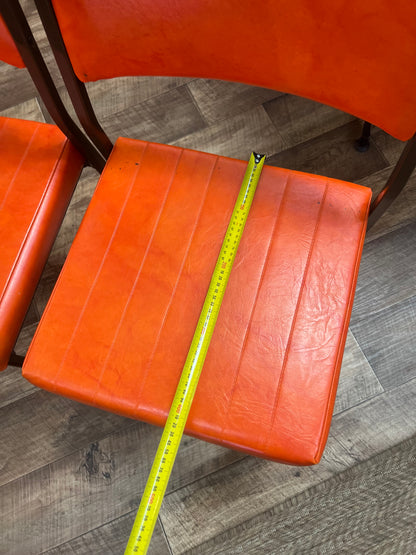 Set of 4 Mid Century Bright Orange Vinyl Dining Chairs with Dark Brown Steel Frames
