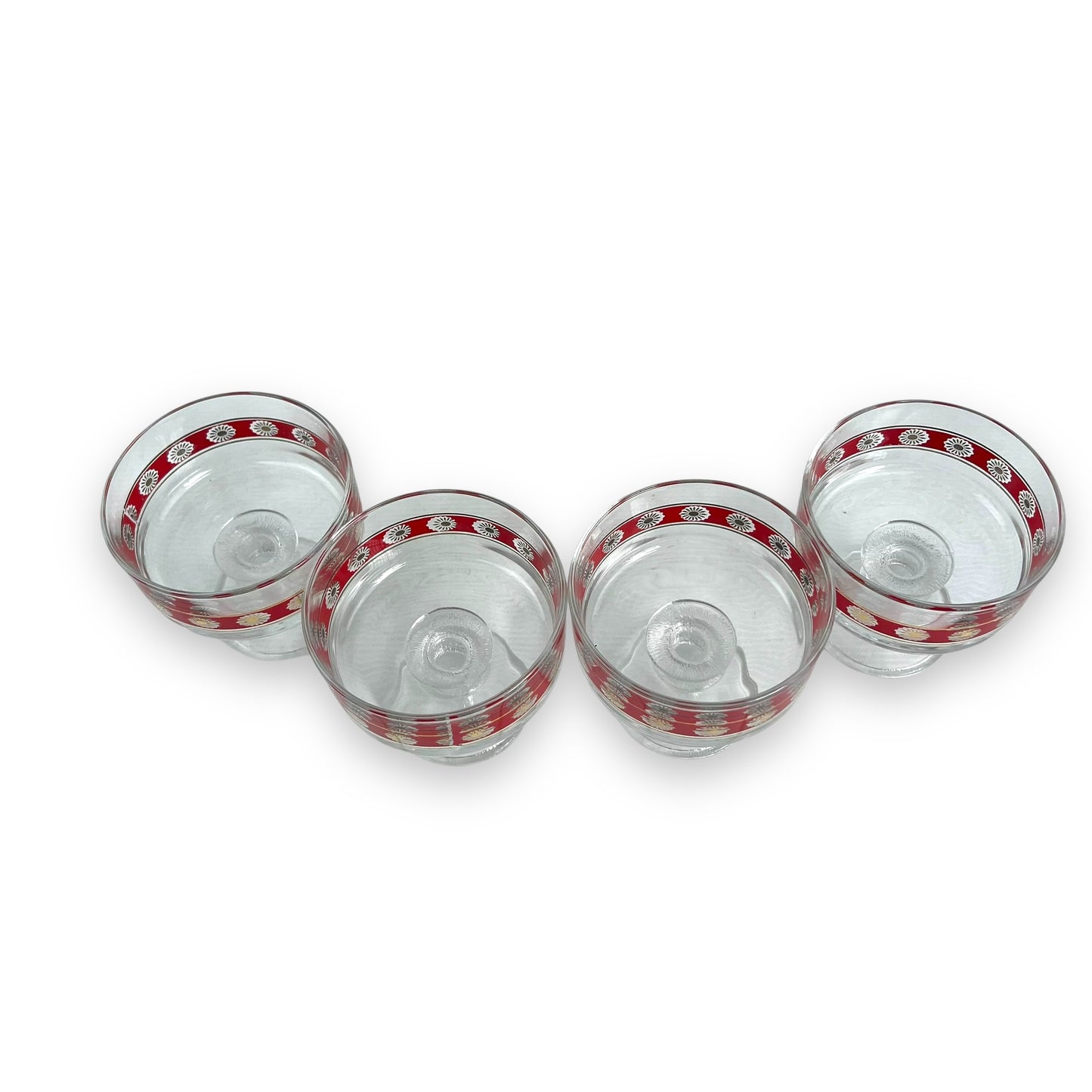 Red & Gold Patterned clear glass footed dessert dish set of 4