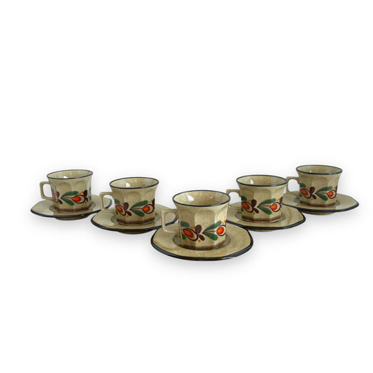 Italian Pottery Tea Set - 5 Cups and Saucers with Hand-Painted Fruit Design