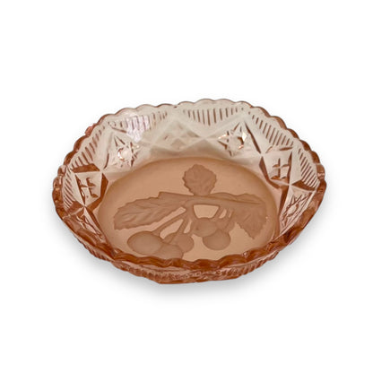 Pink Depression Glass Dish – Etched Cherry Motif Trinket Bowl