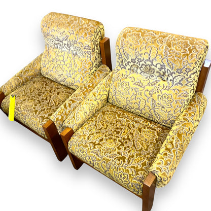 1970s Single Lounge Chair – Bold Gold Floral Velour & Solid Timber Frame