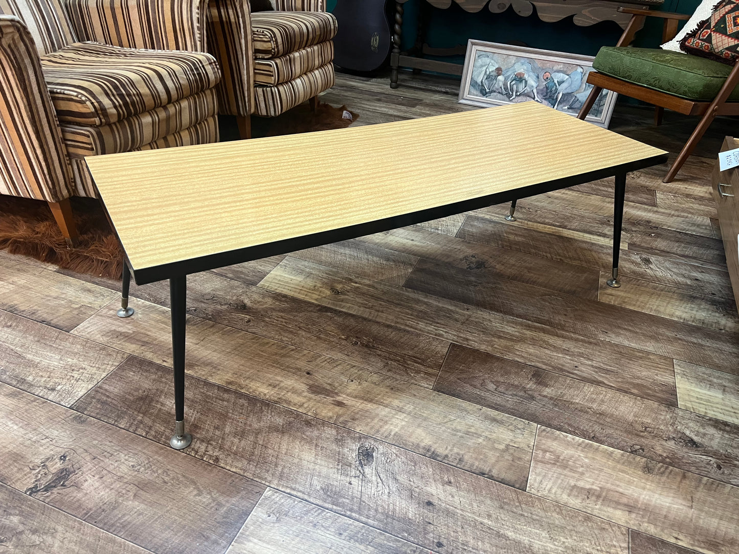 Mid Century Modern Blonde Veneer Coffee Table with Black Metal Legs