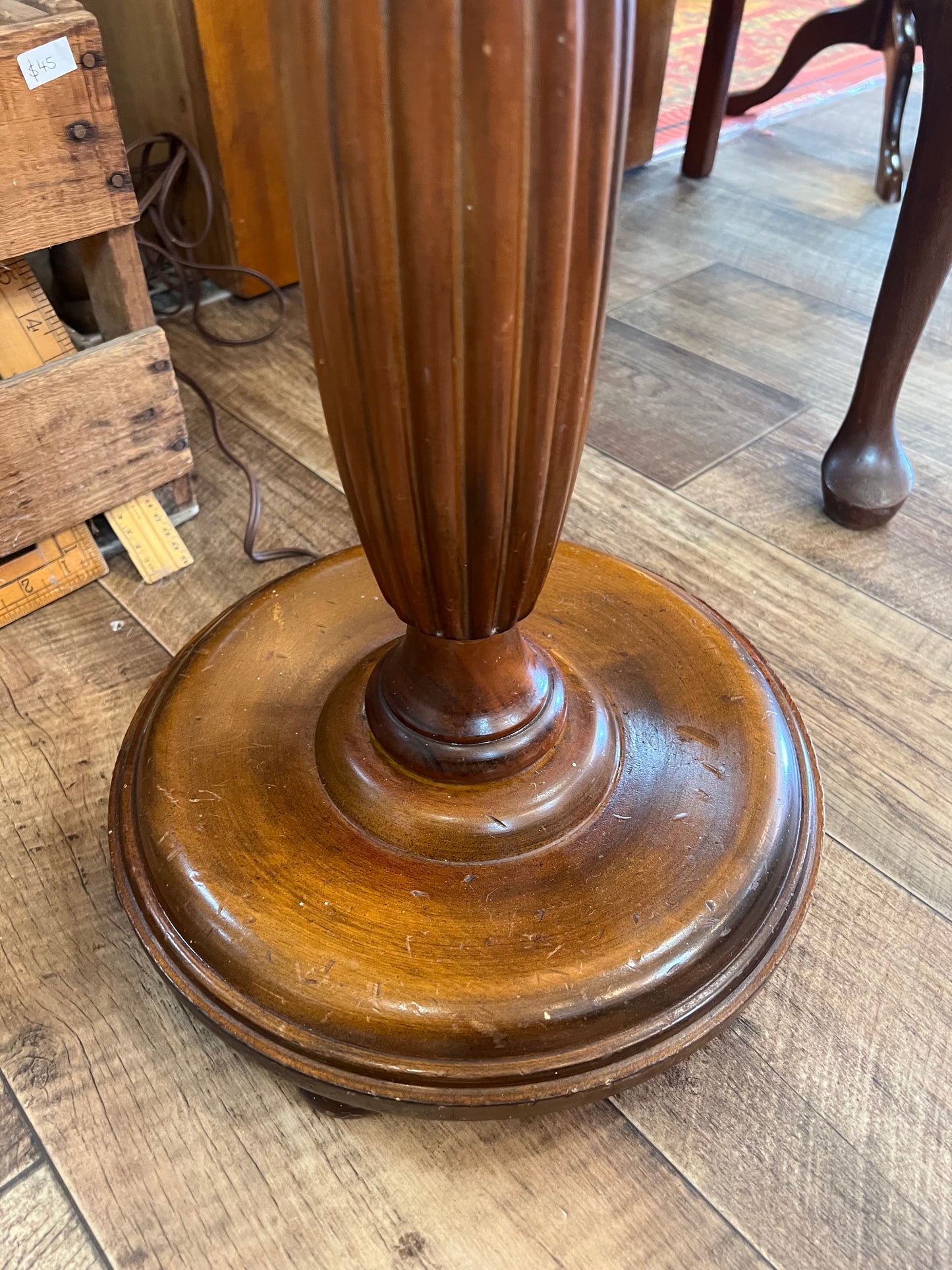 Timber Floor Lamp with Blue Scalloped Shade