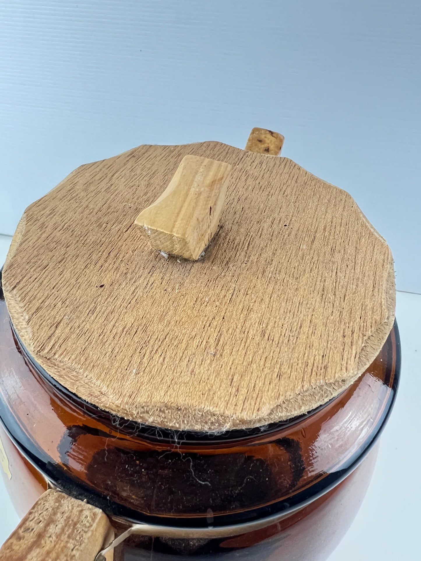 Amber Glass Biscuit Barrel with Timber Handles