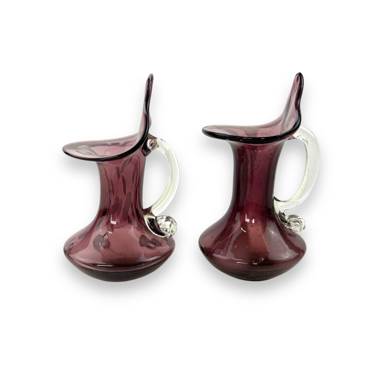 Pair of Amethyst Purple Handblown Glass Pitchers / Sculptural Vases