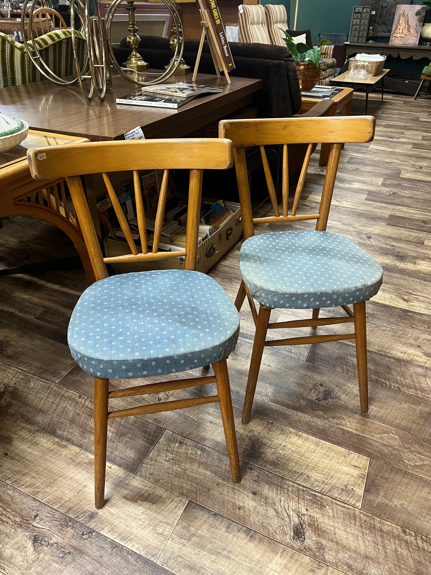 Pair of Timber Dining Chairs with Blue Patterned Upholstered Seats