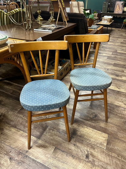 Pair of Timber Dining Chairs with Blue Patterned Upholstered Seats