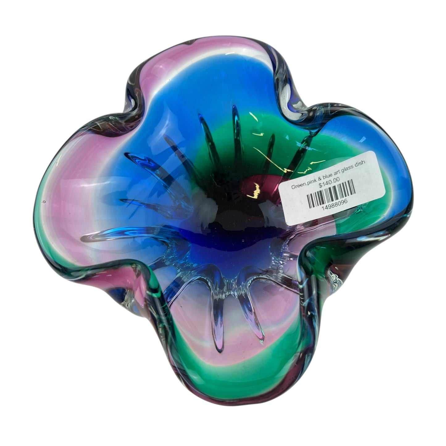 Green,pink & blue art glass dish