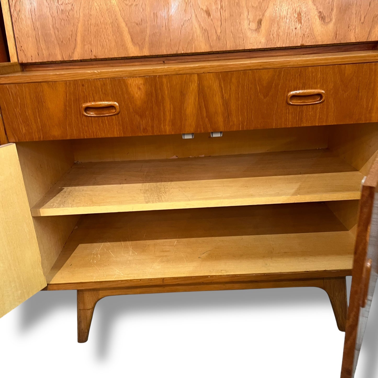 Mid-Century Teak Veneer Bureau Writing Desk & Bar Cabinet by Noblett Furniture