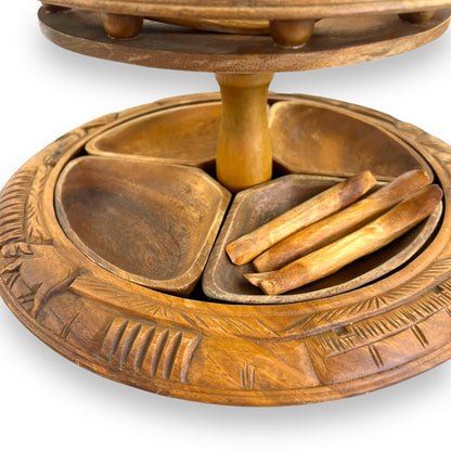 Wooden Tiki Monkey Pod Two Tier Lazy Susan Server