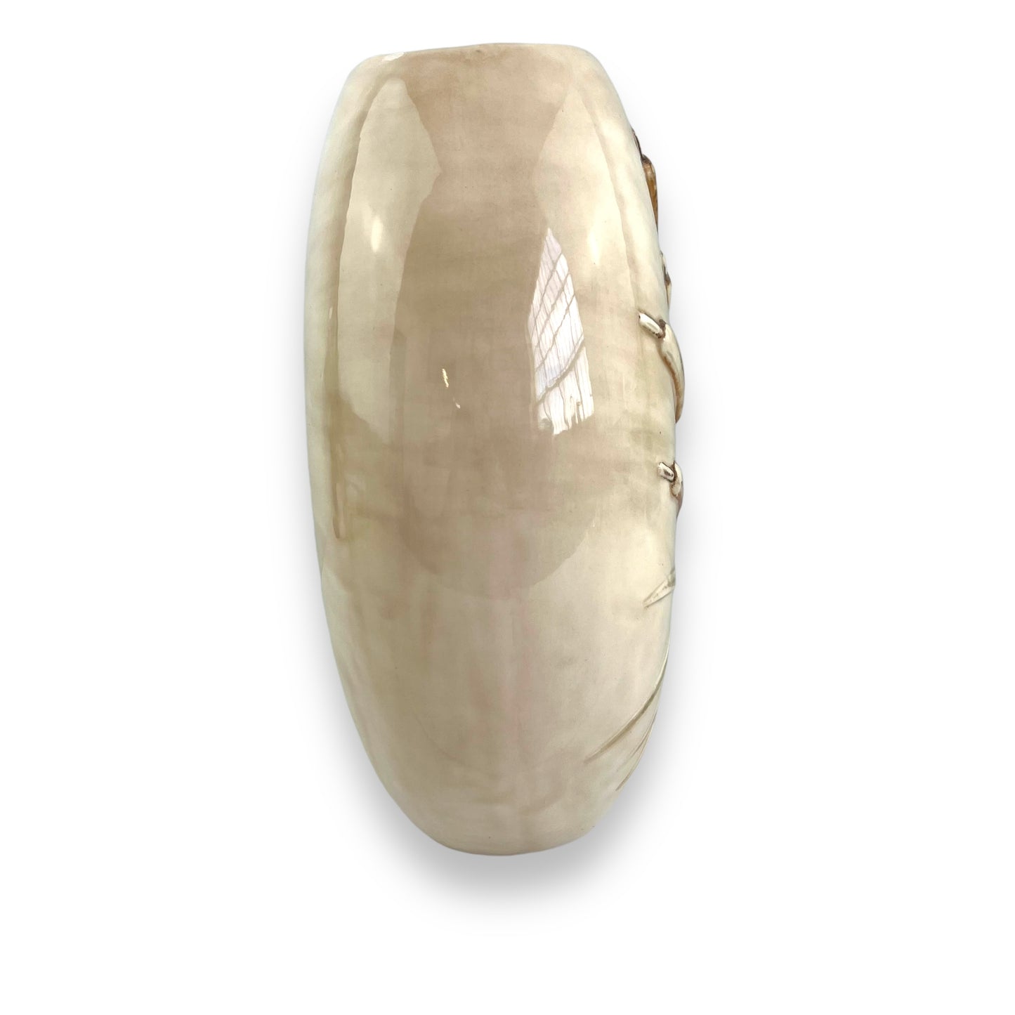 Large round beige vase with Cattail Grass Design artwork