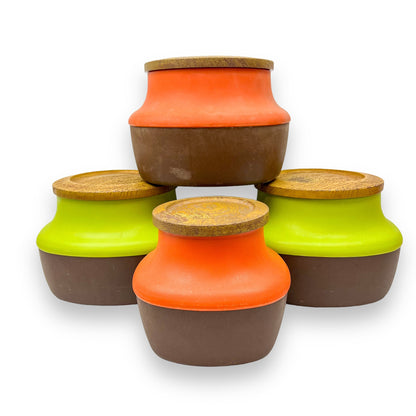 Retro Orange, Green and Brown Plastic Storage Canisters with suction wood look lids - NX Plastics Made in Australia