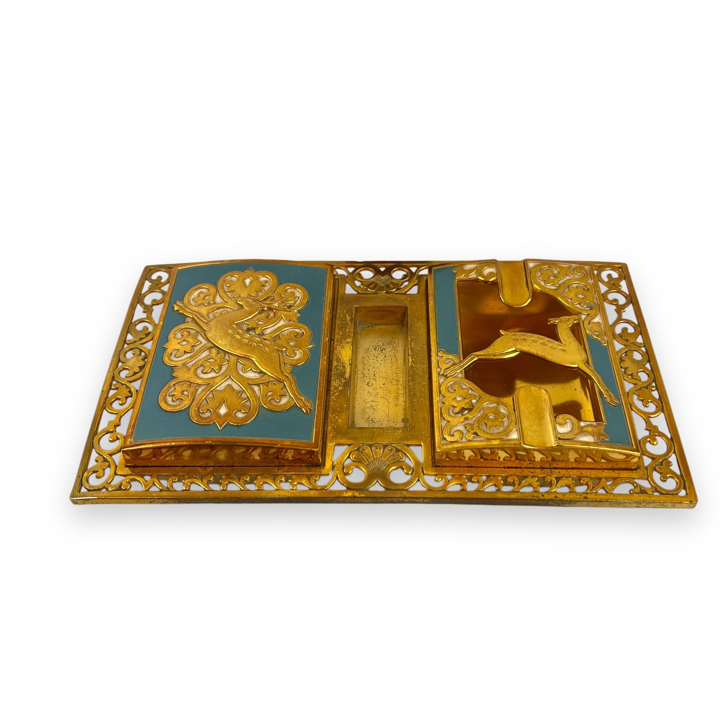 Brass Ornate Cigarette Holder, Lighter, and Ashtray with Leaping Deer Design – Elegant Mid-Century Smoking Set
