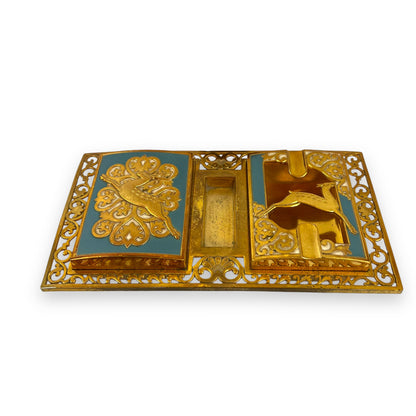 Brass Ornate Cigarette Holder, Lighter, and Ashtray with Leaping Deer Design – Elegant Mid-Century Smoking Set
