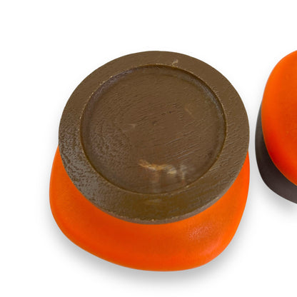 Orange and Brown Plastic Storage Canisters with suction wood look lids