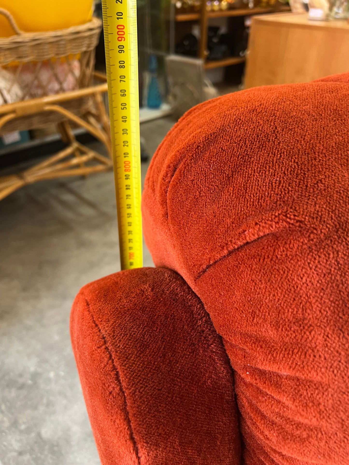 Rust Red Velvet Lounge Chair – Retro Plush Armchair, 1970s