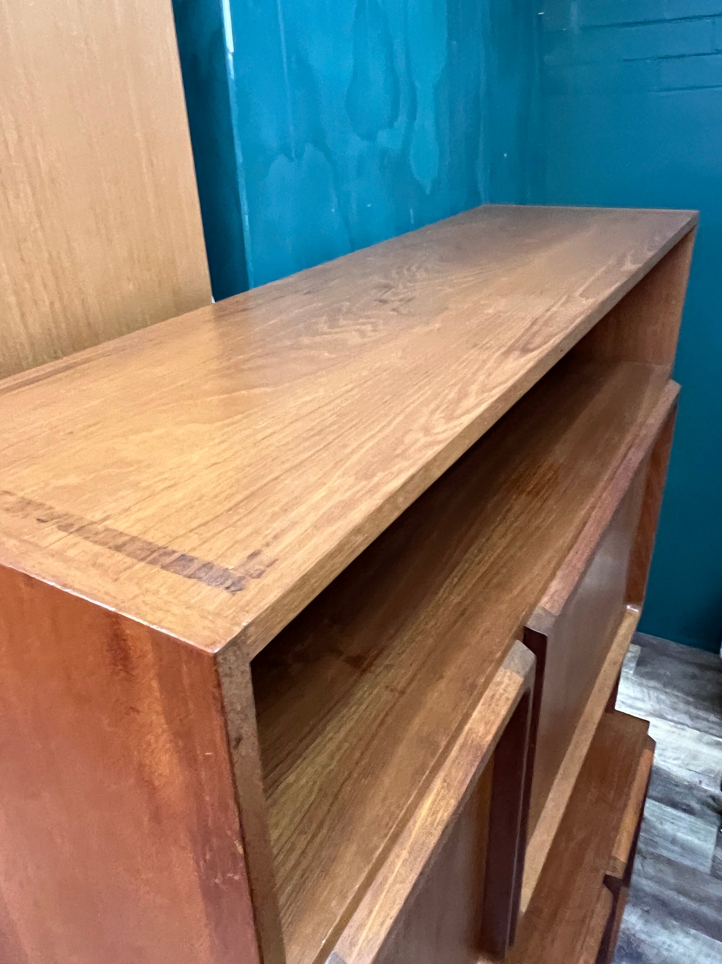 Macrob Mid Century Teak Pull-Down Bar Cabinet Display Unit