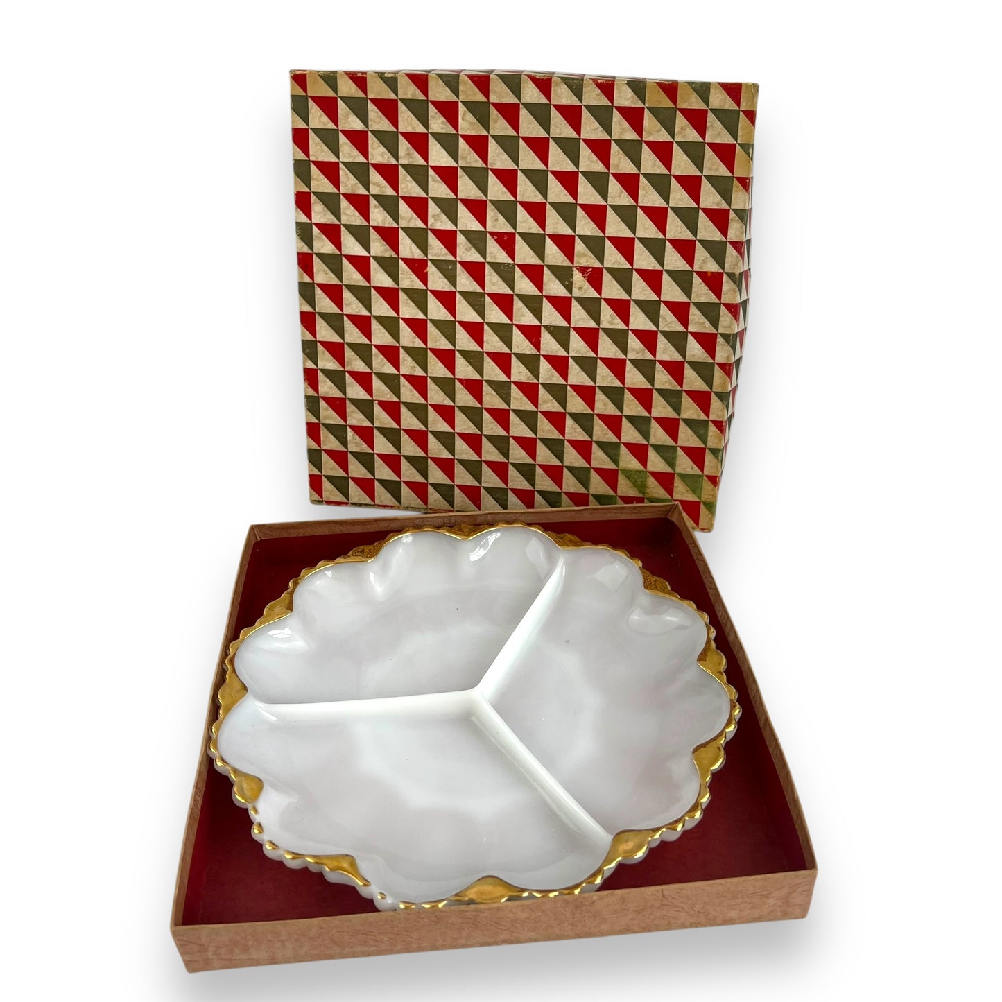 Anchor Hocking Milk Glass Divided Serving Dish with Gold Trim | Original Box