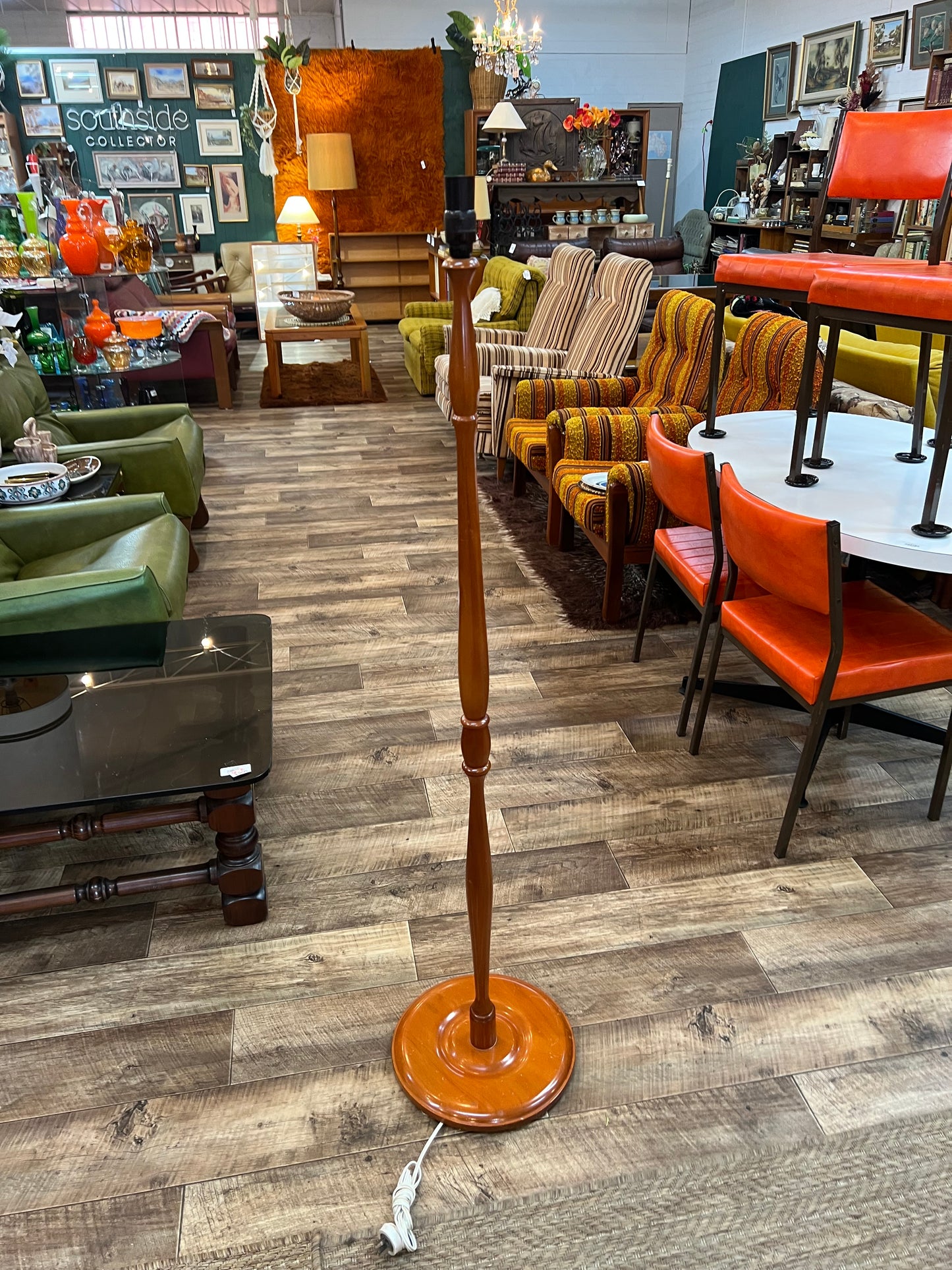 turned timber floor lamp
