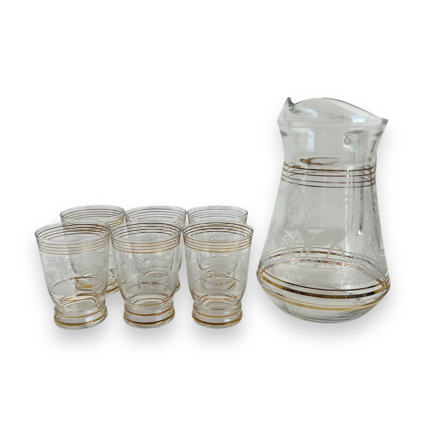 Glass Jug & 6 Cups with gold bands and etched deer/elk pattern