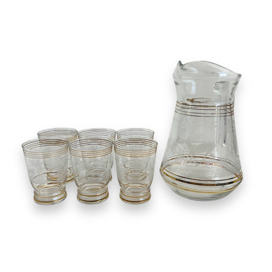 Glass Jug & 6 Cups with gold bands and etched deer/elk pattern