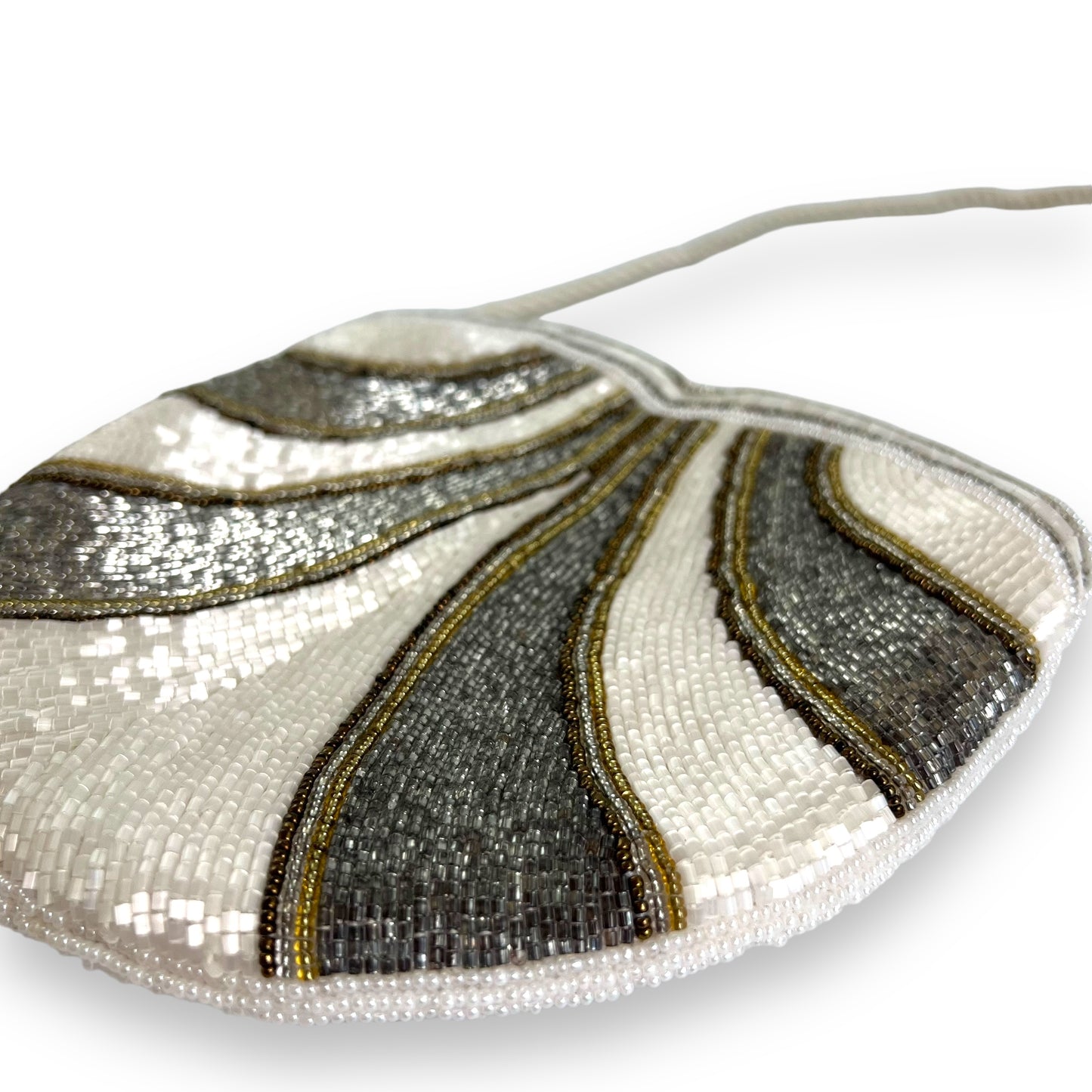 Silver, white & Gold Beaded evening Bag with white cord should strap