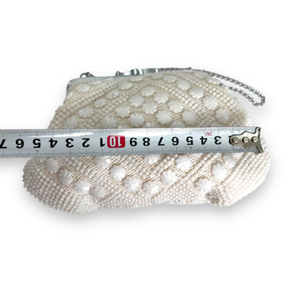 Vintage white Beaded Purse with silver metal clasp and short chain handle