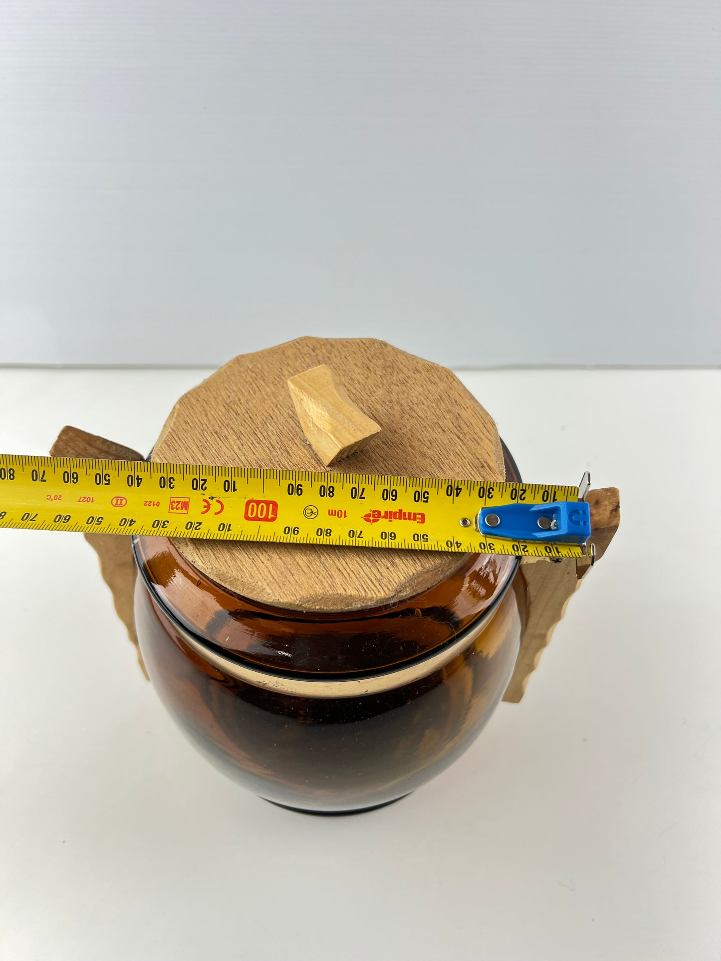 Amber Glass Biscuit Barrel with Timber Handles
