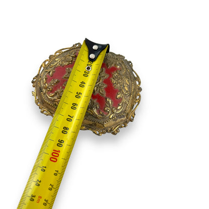 Ornate Jewelry Box – Made in Japan – Gold Tone Metal with Red Velvet Lining