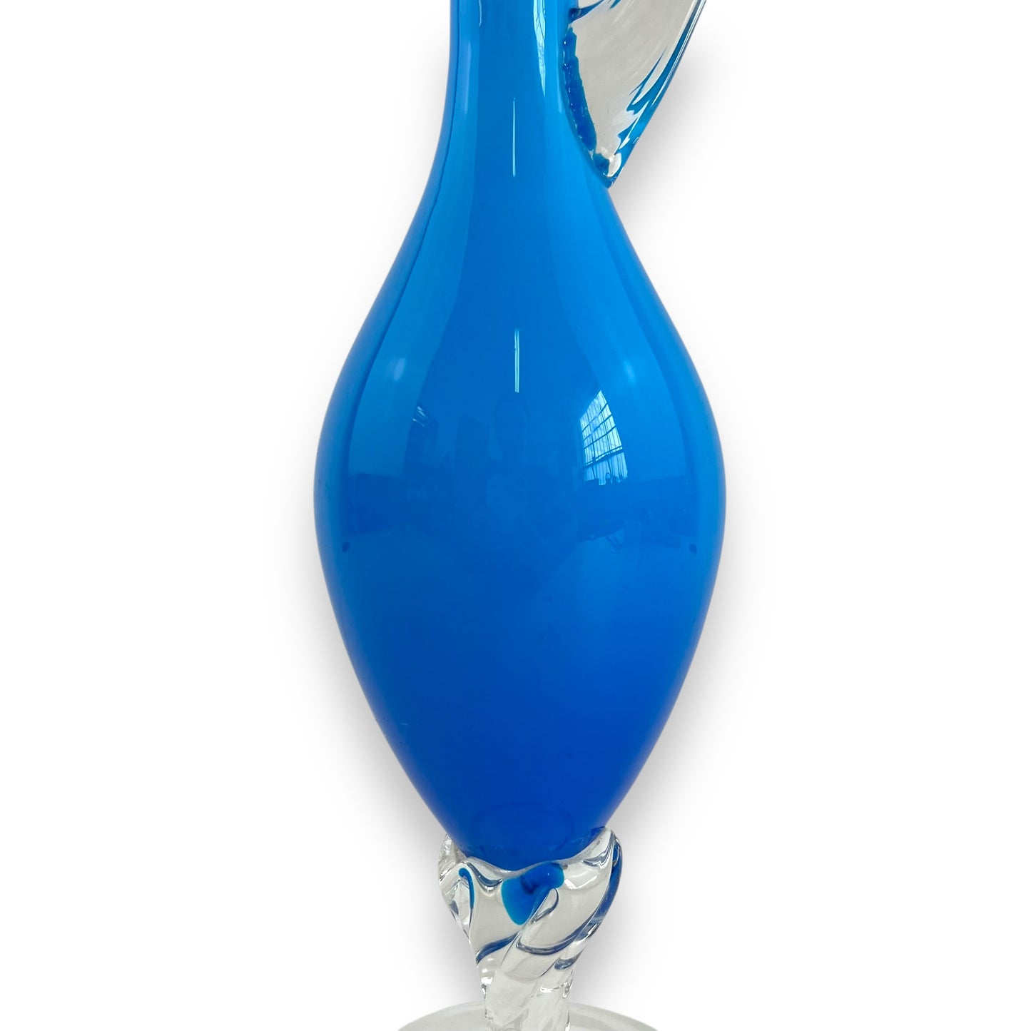 Italian Empoli Blue Cased Glass Pedestal Pitcher with Clear Twisted Handle