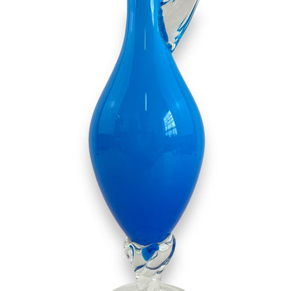Italian Empoli Blue Cased Glass Pedestal Pitcher with Clear Twisted Handle
