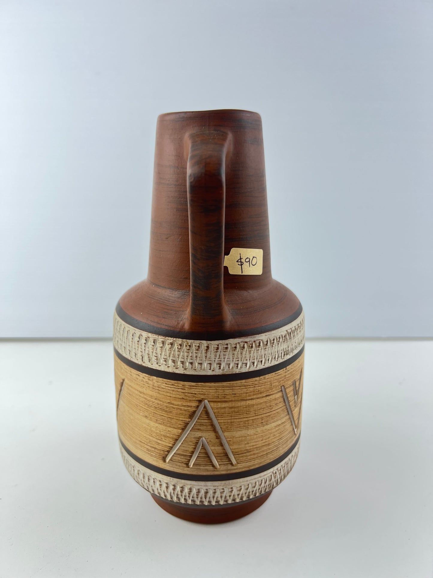 West German Pottery Vase – Brown Patterned with Handle 347/20