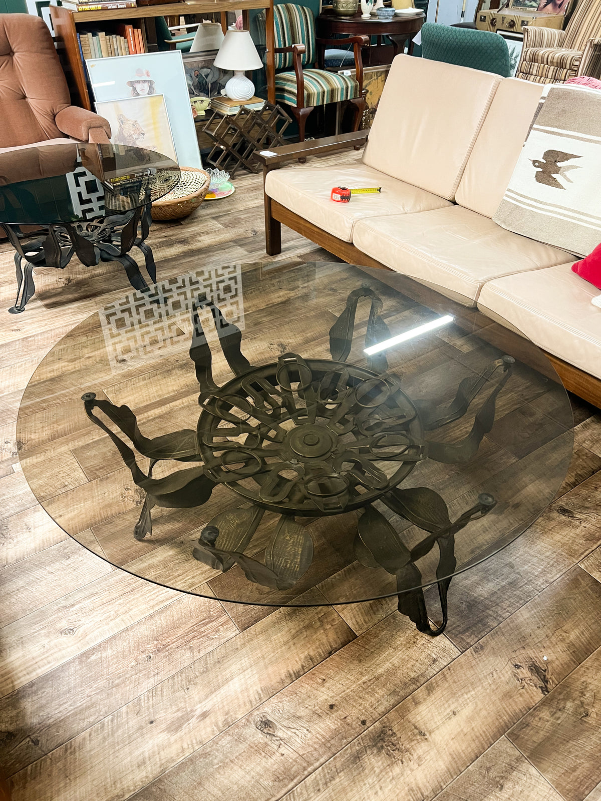 Large Brutalist Sculptural Metal & Smoked Glass Coffee Table  1.22m diameter