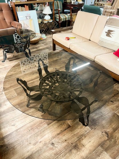 Large Brutalist Sculptural Metal & Smoked Glass Coffee Table  1.22m diameter