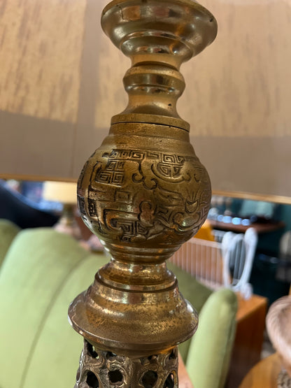 Ornate Brass Floor Lamp with Original Mustard Shade