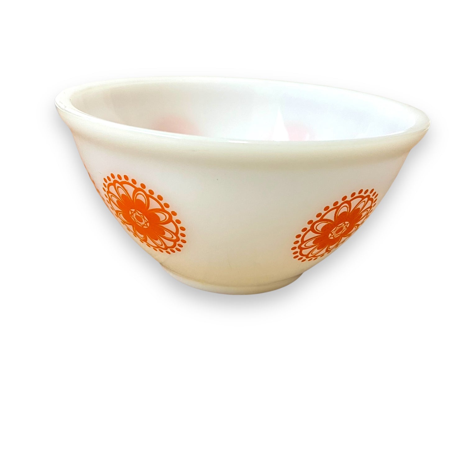 Retro White Glass Mixing Bowl with Orange Floral Pattern
