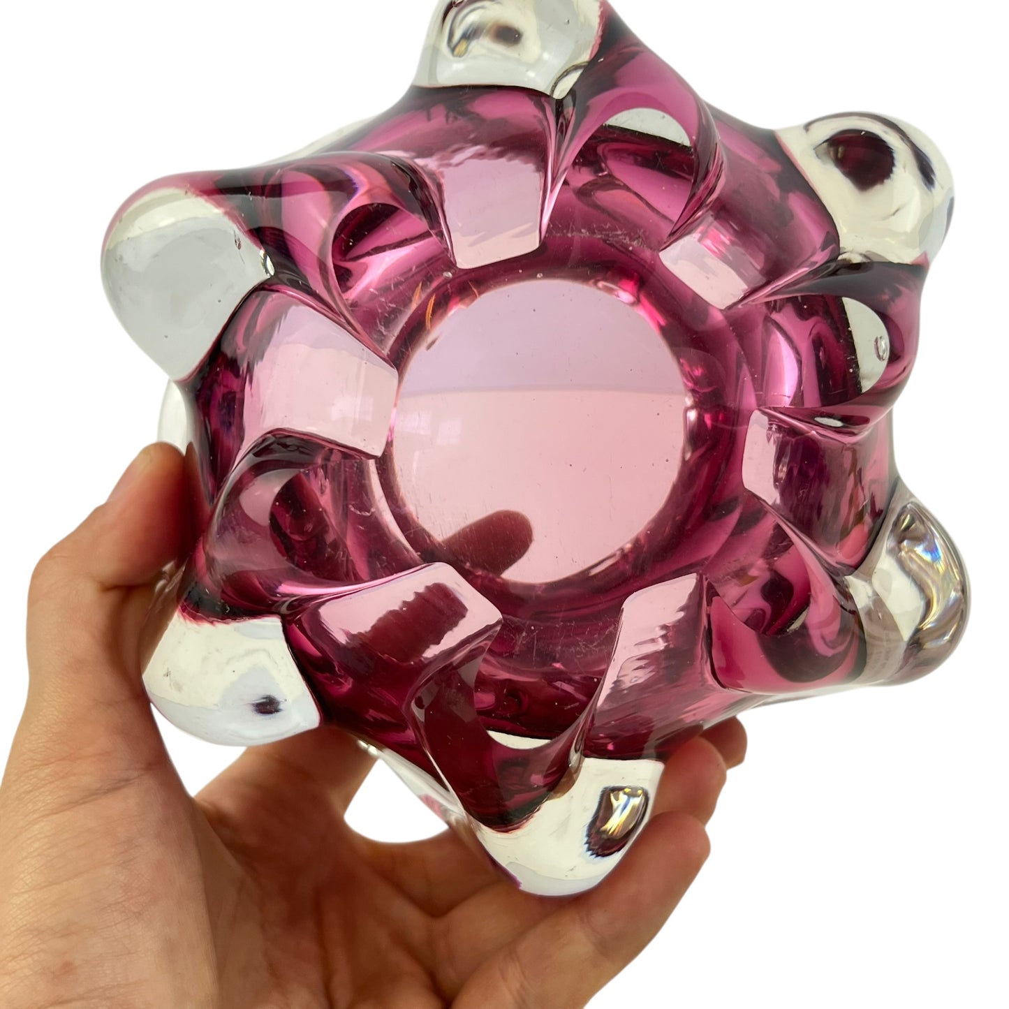Pink and clear art glass dish