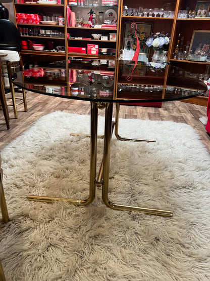 Brass & Smoked Glass Dining Table with 6 Chairs cream upholstery