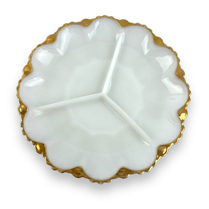 Milk Glass Divided Plate with Gold Trim - Scalloped Edge