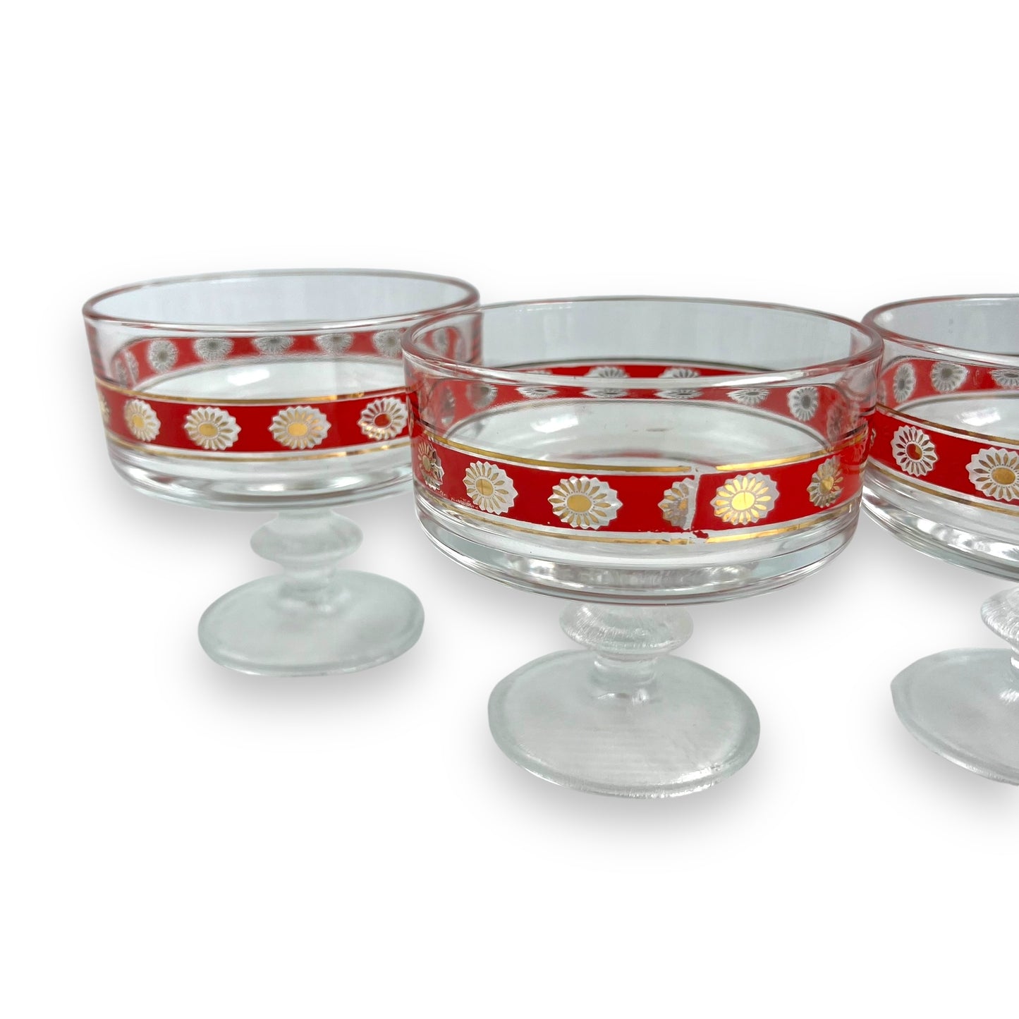 Red & Gold Patterned clear glass footed dessert dish set of 4