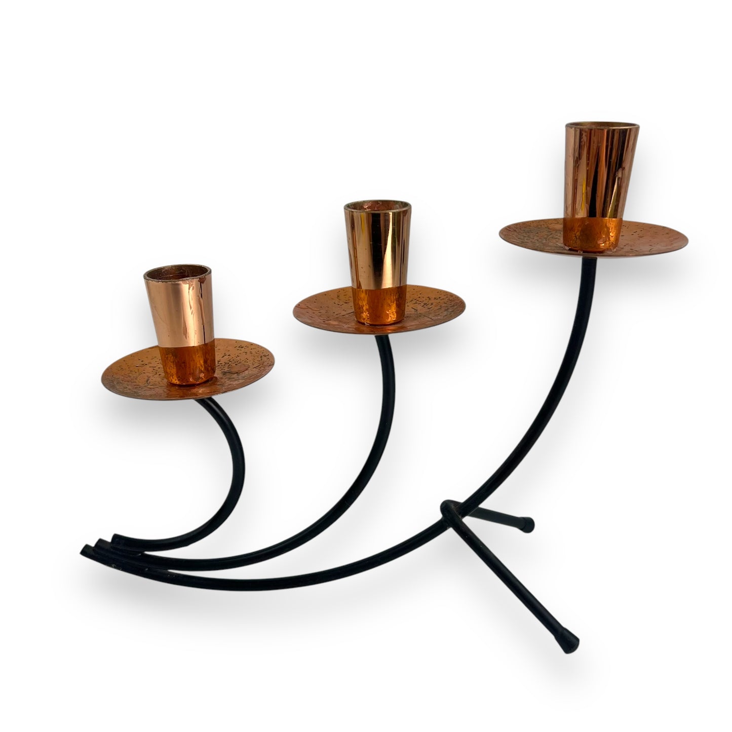 MCM 3-Arm Candle Holder with Copper Detailing | Vintage Metal Candelabra