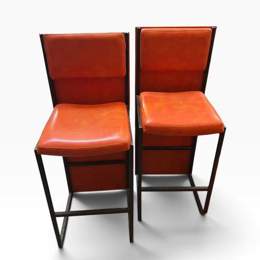 Pair of Vintage Orange Vinyl Bar Stools with Decorative Timber Backs